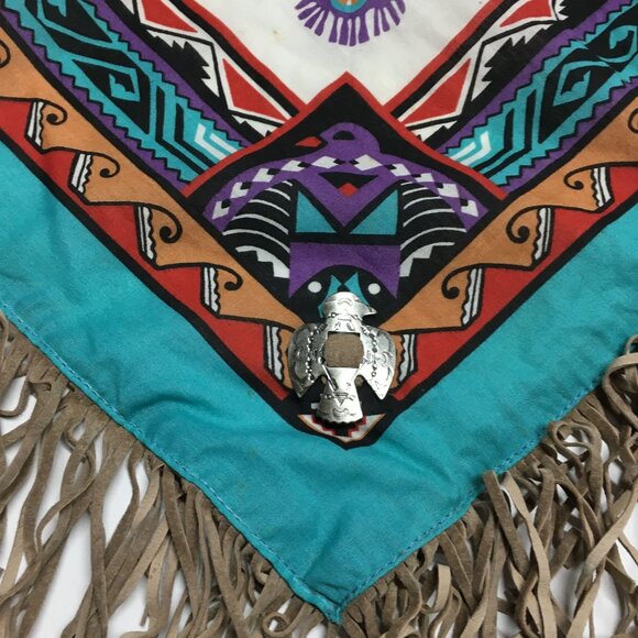 Vintage Wamcraft Scarf Kerchief Concha Thunderbird Fringe Leather RARE 22"x21.5" - Picture 4 of 8
